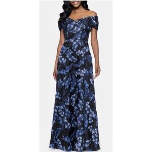 Betsy & Adam Blue Black Embroidered Floral Off the Shoulder Gown Size 12 $299